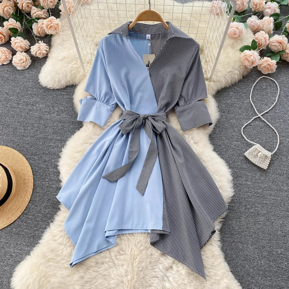 Striped Patchwork Asymmetric Collared Dress