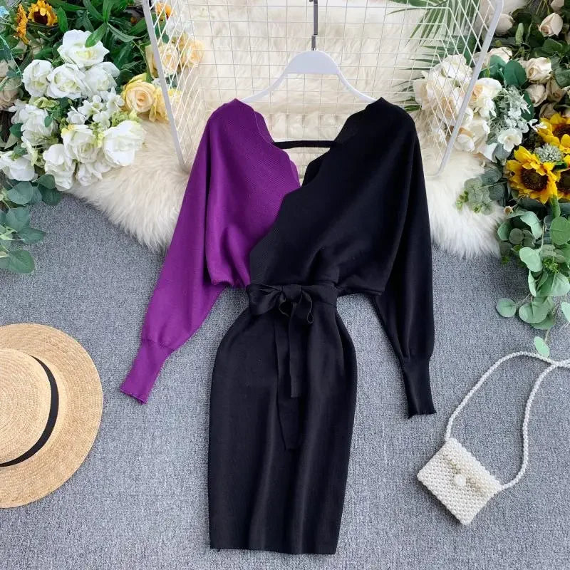 Batwing Sleeve Patchwork Knit Mini Dress