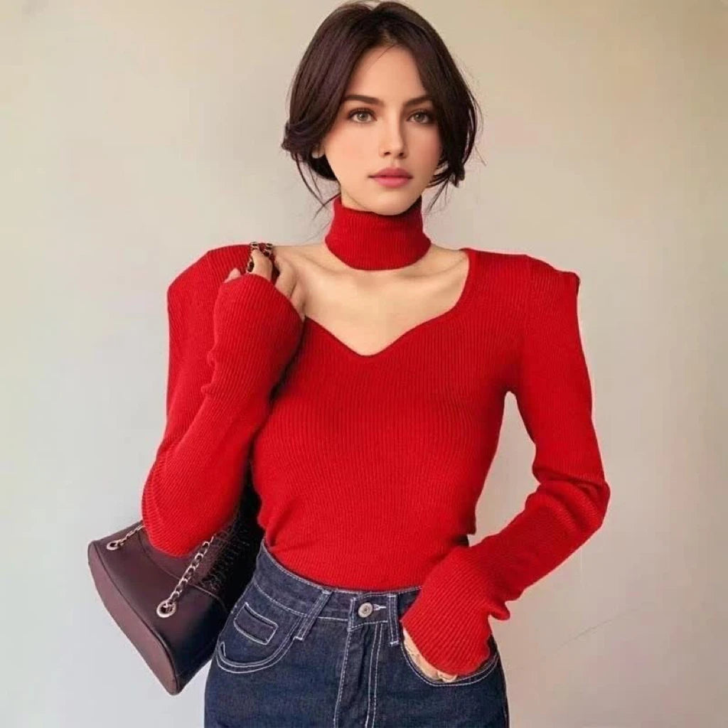 Long Sleeve Knit Sweater With Neck Scarf