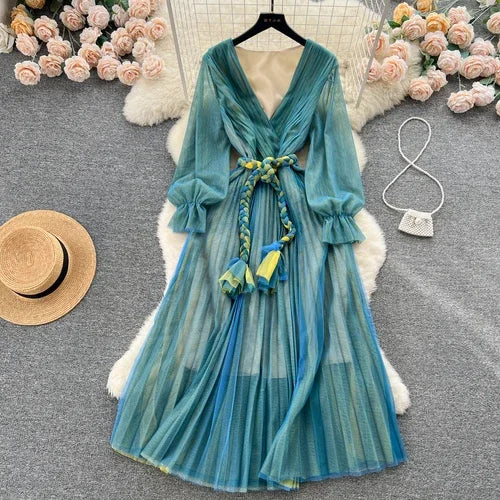 Pleated Mesh Chiffon V-Neck A-Line Dress