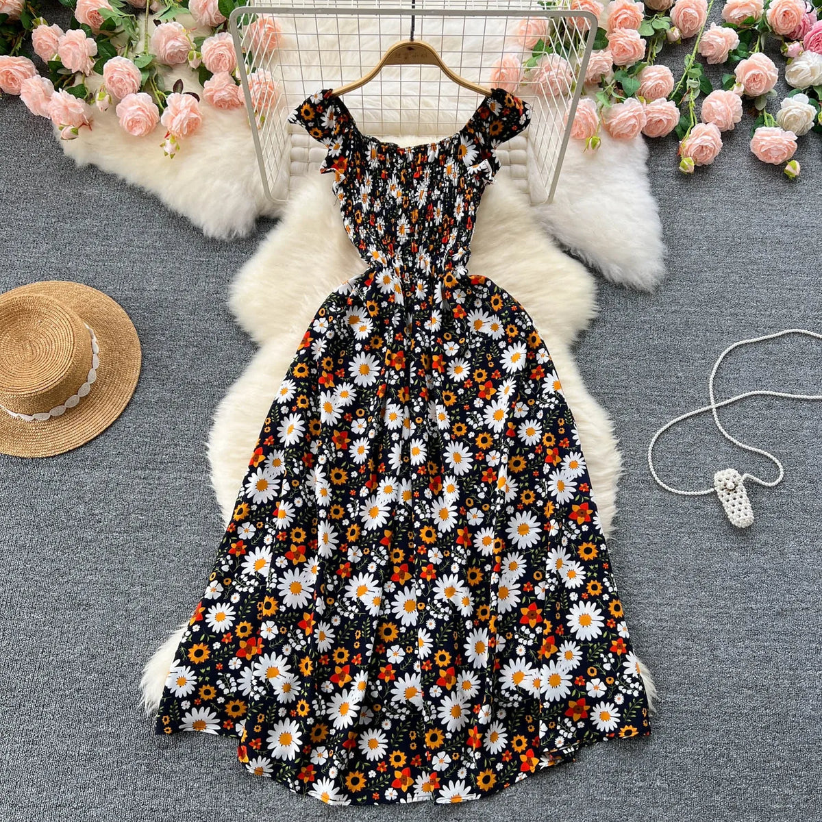 Floral Elastic Waist Swing Maxi Dress