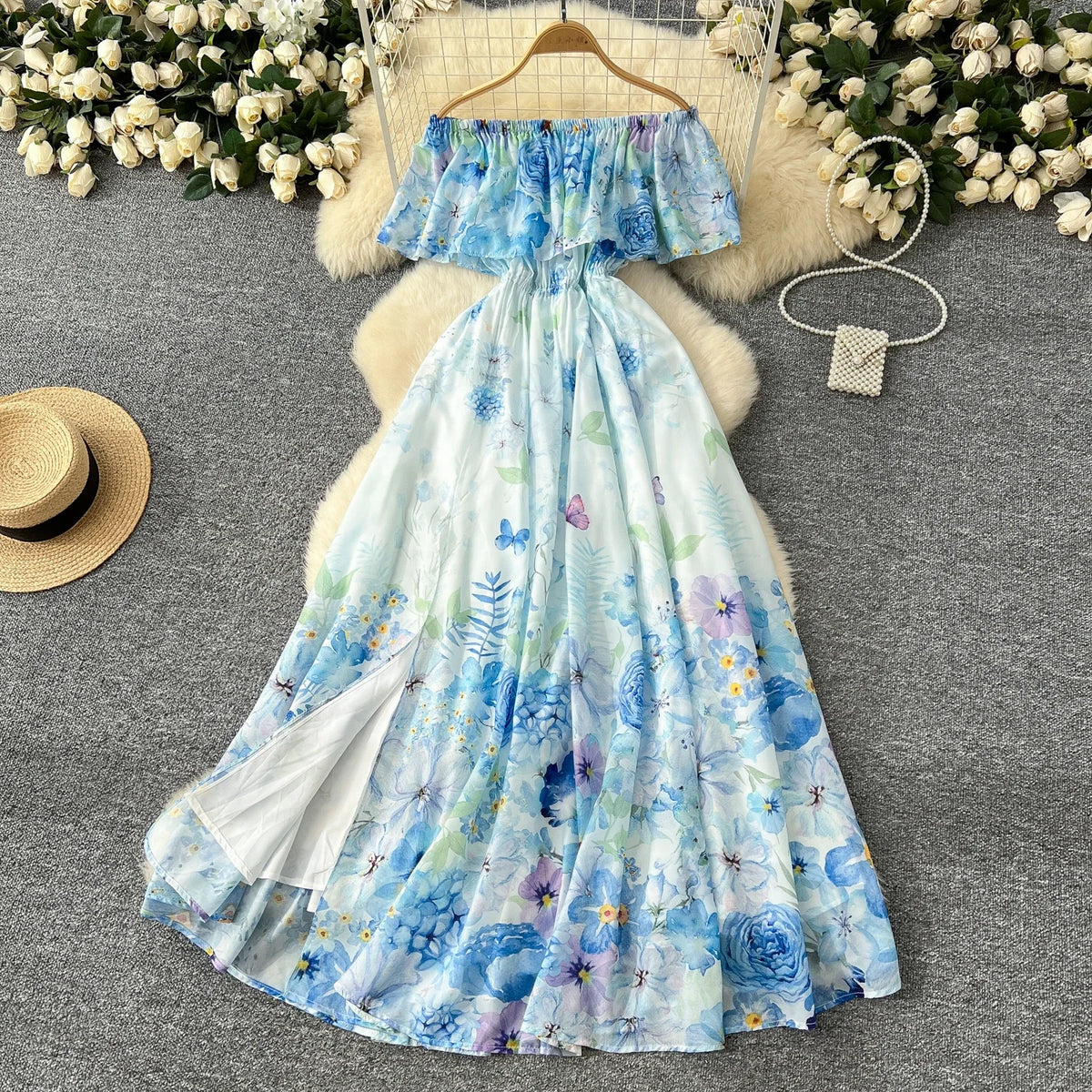 Floral Chiffon Pleated Boat Neck Maxi Dress