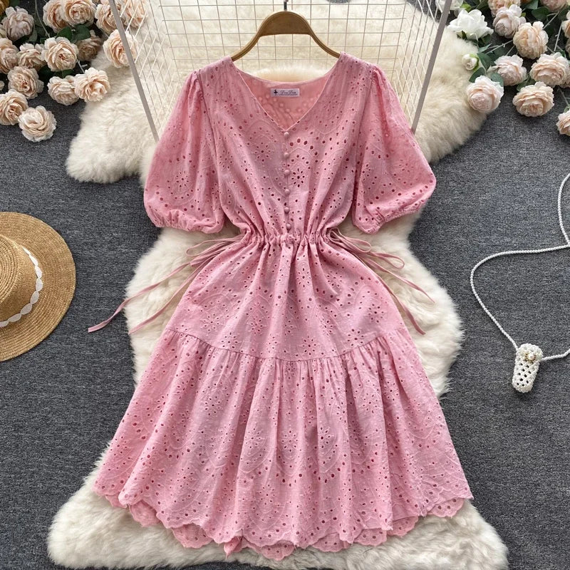 Vintage Lace V-Neck Puff Sleeve A-Line Dress