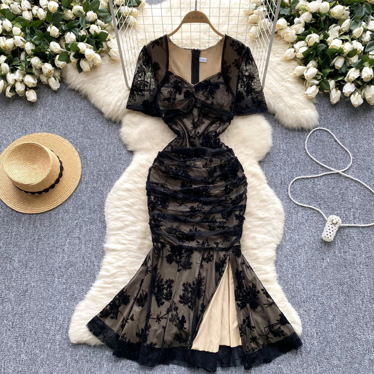 Print Pleated Short Sleeve Mermaid Dress