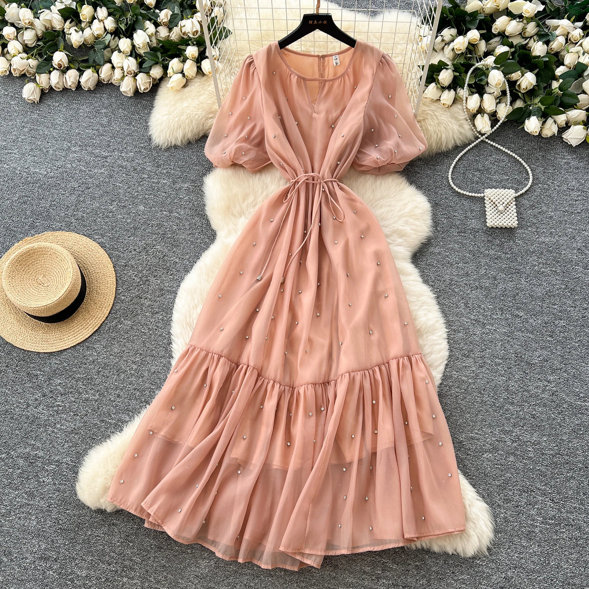 Rhinestone Mesh Lantern Sleeve Long Dress