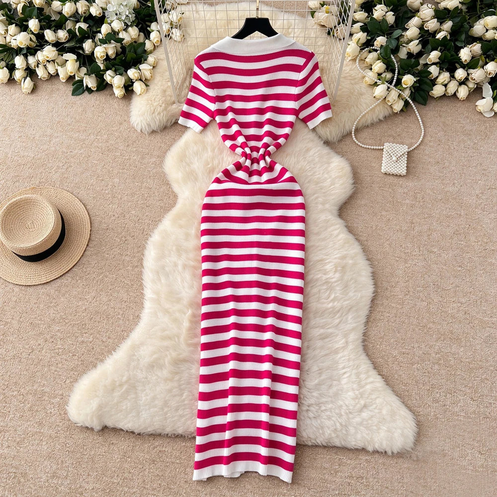Striped Knit Bodycon Maxi Sweater Dress