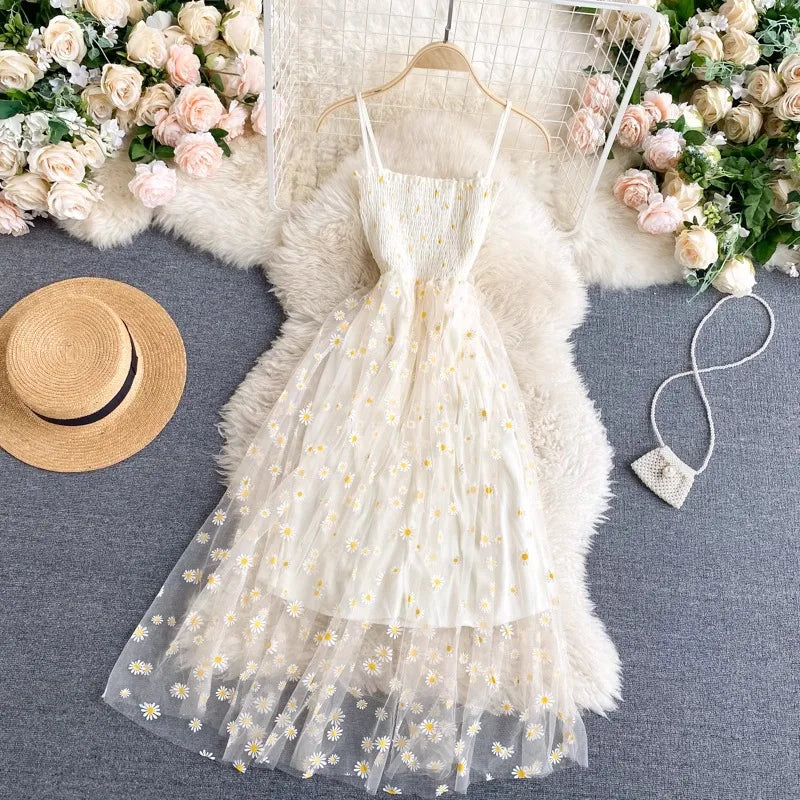 Black Floral Mesh Spaghetti Strap Party Dress