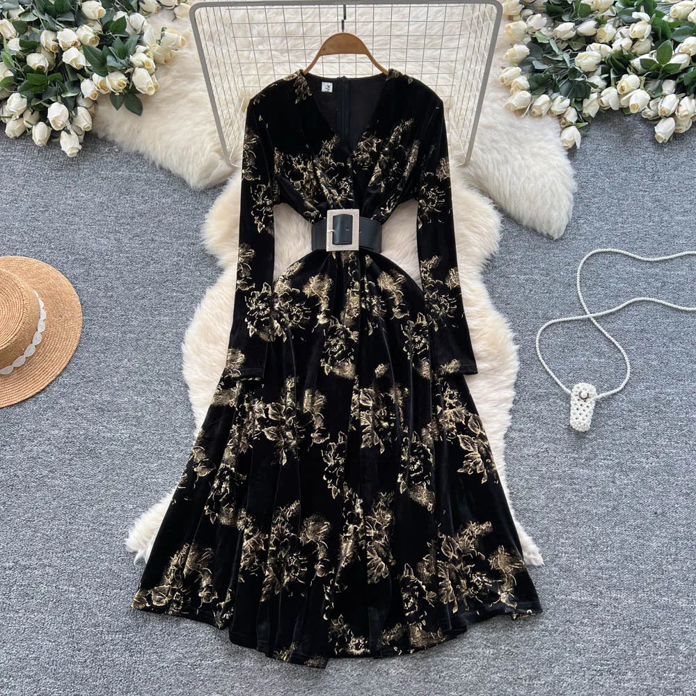 Velour Print Long Sleeve A-Line Dress