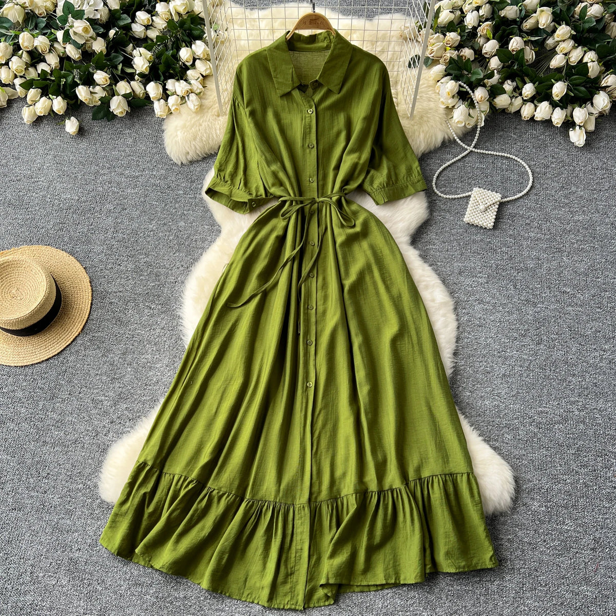 Collared Ruffle Button Front Dress