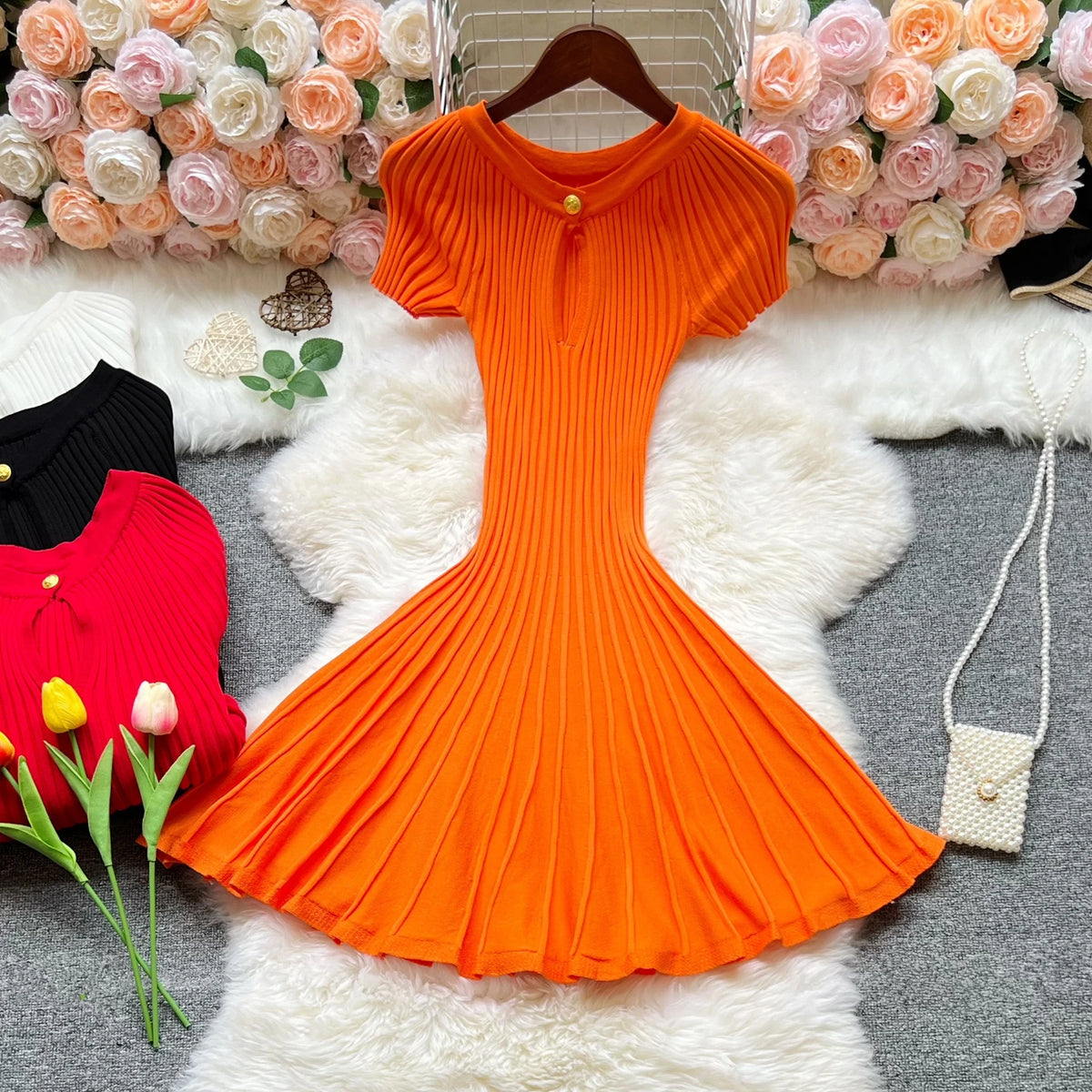 One Button Knit A-Line Dress