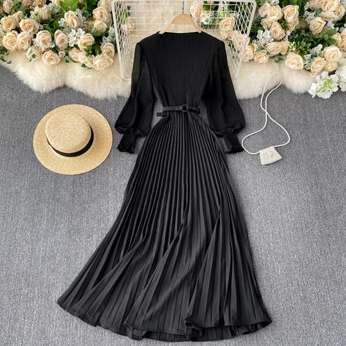 Belted Chiffon Puff Sleeve A-Line Dress