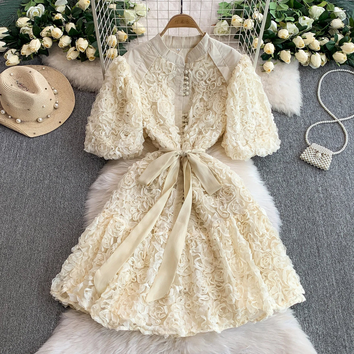 Puff Sleeve Lace-Up A-Line Dress