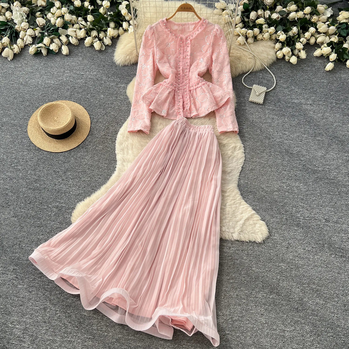 Beaded Lace Blouse and A-Line Skirt Set