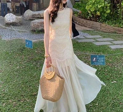 Asymmetric Lace Panel Beach Dress