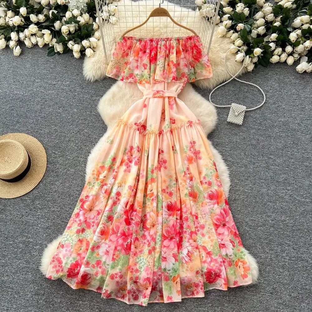 Ruffle Print Cape Sleeve Chiffon Dress