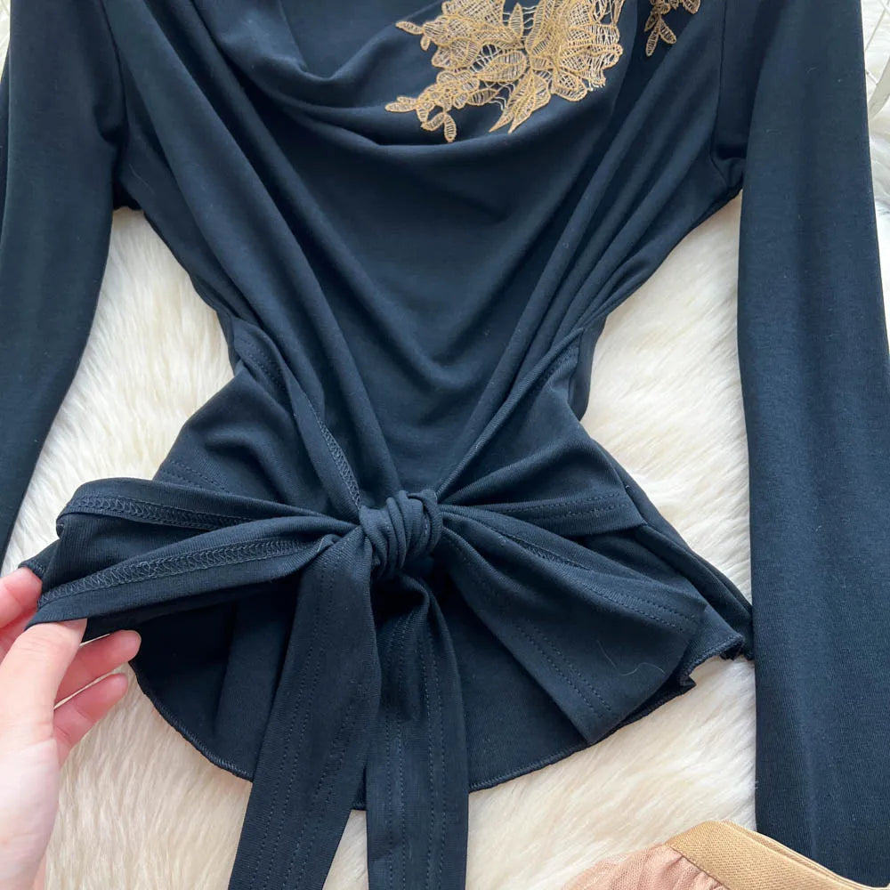 Ruched O-Neck High Waist Long Sleeve Dress