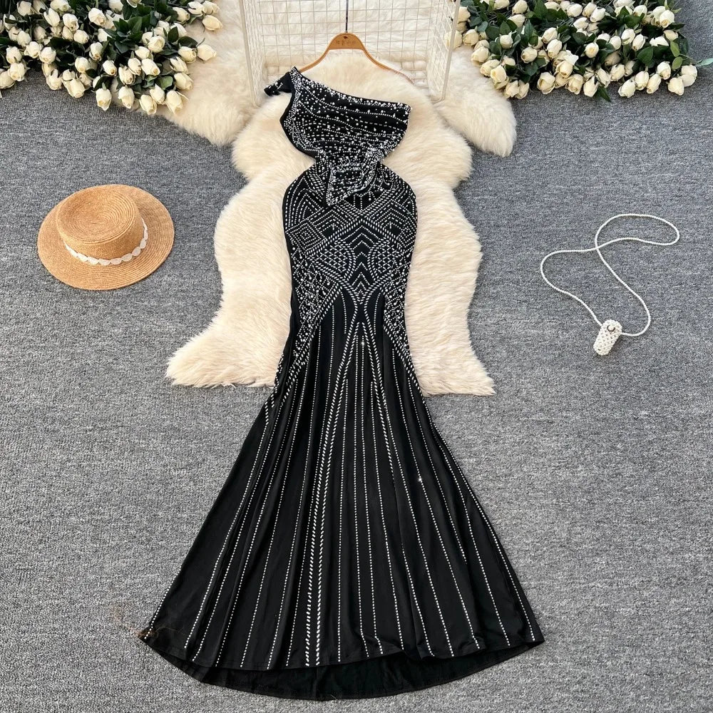 Embroidered Beaded Diagonal Shoulder Long Dress