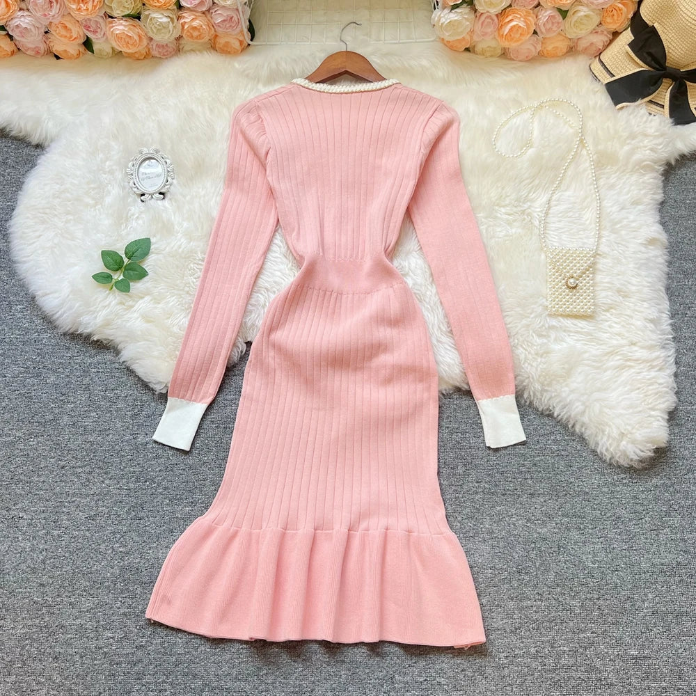 Ribbed Button V-Neck Knit Mermaid Dress