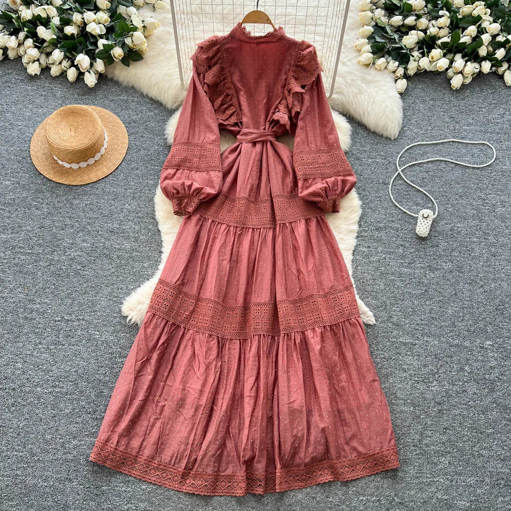 Lace Rhinestone Ruffle Long Sleeve Dress