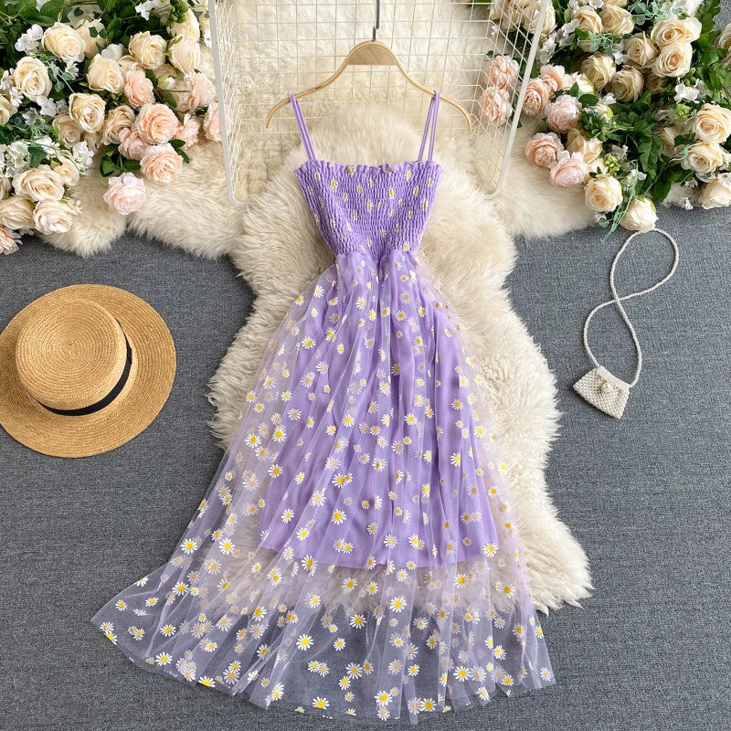 Floral Mesh Strappy Maxi Sundress