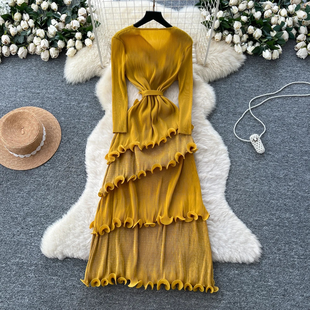 3D Ruffle High Waist Long Sleeve Dress