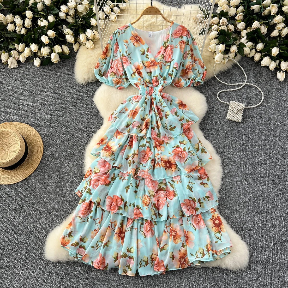 Floral V-Neck Chiffon Resort Dress
