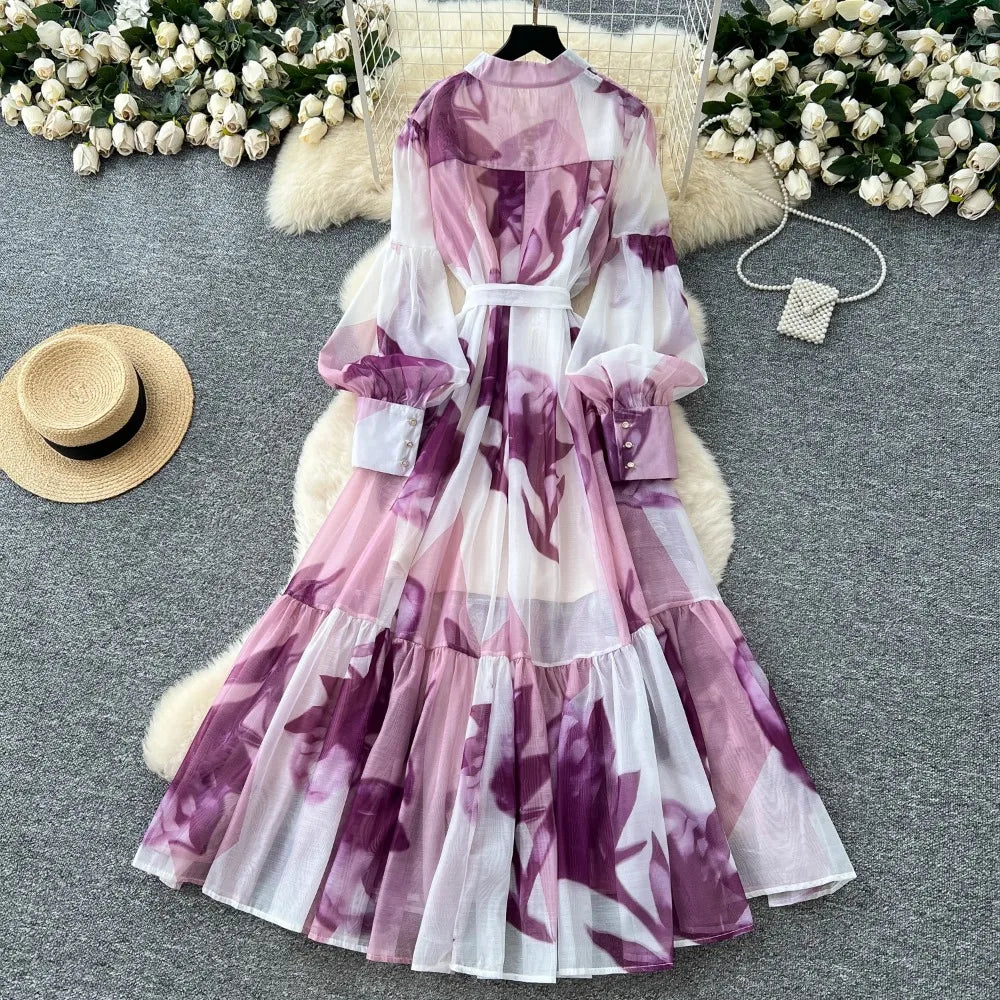 Printed Mesh Long Sleeve Maxi Dress