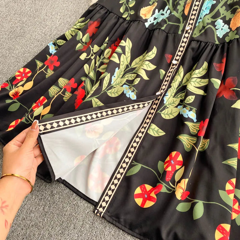 French Floral Puff Sleeve Button Dress