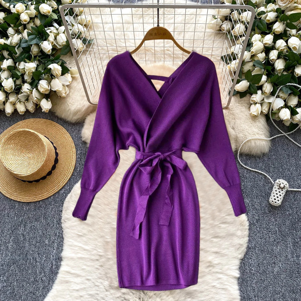 V-Neck Knit Wrap Mini Dress