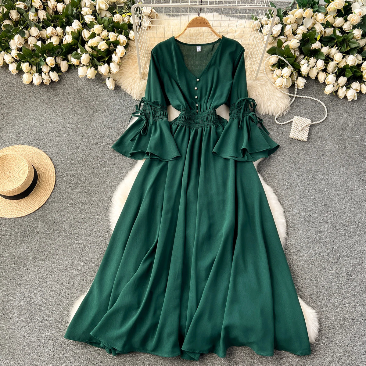 Belted Print Flare Sleeve A-Line Dress