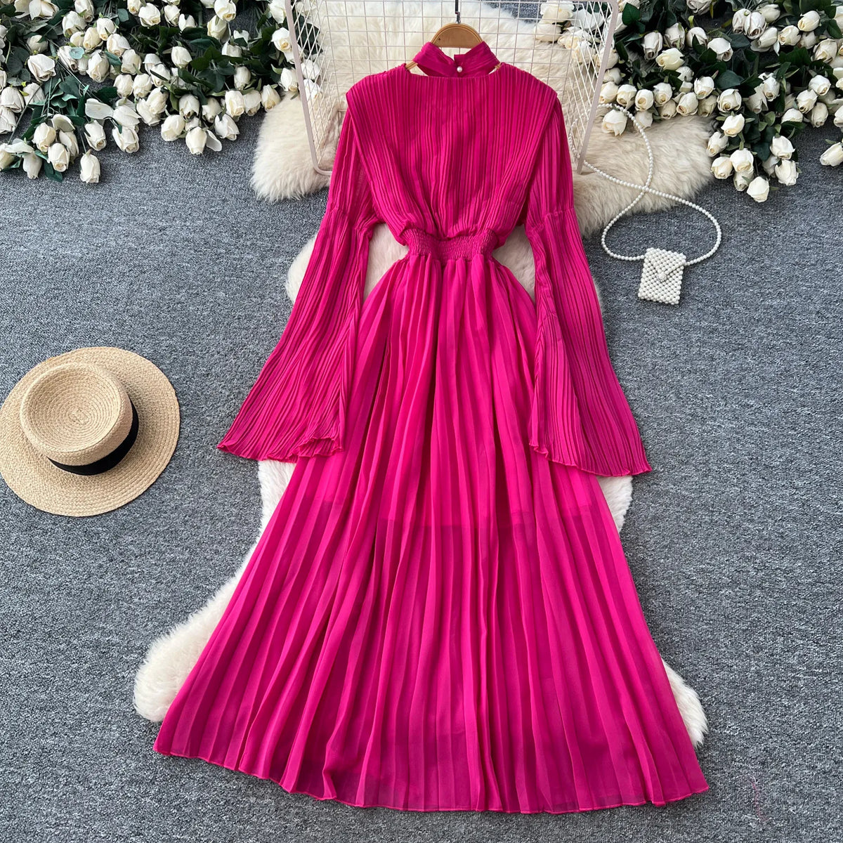 Pleated Flare Sleeve Swing Dress
