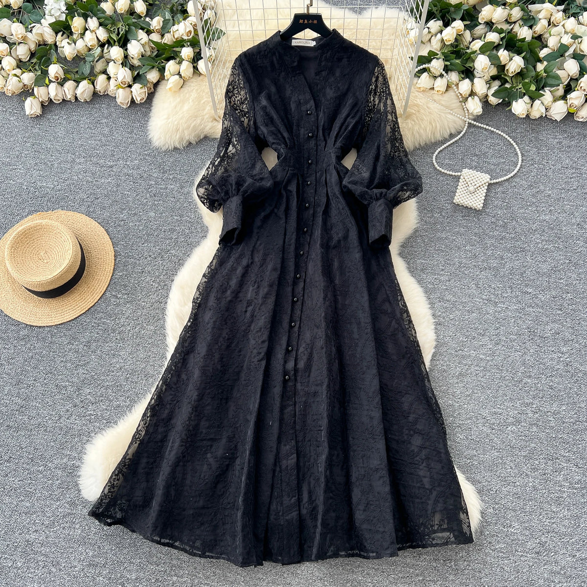 Embroidered Mesh Long Party Dress