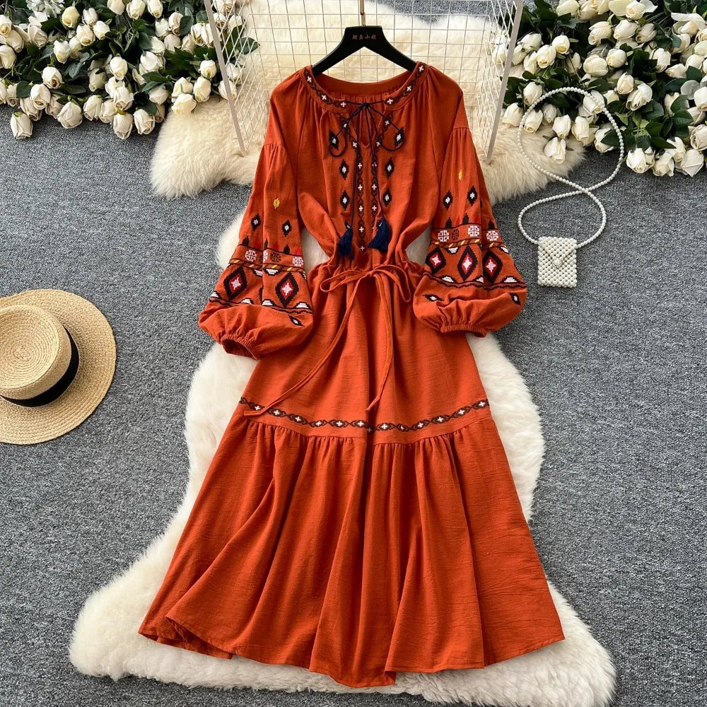 Embroidered Ruffle Lace-Up Maxi Dress