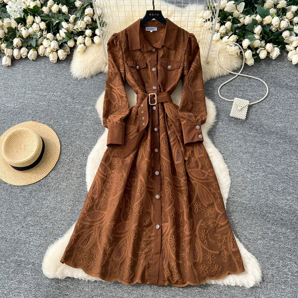 Hollow Out Button Pocket Long Sleeve Dress