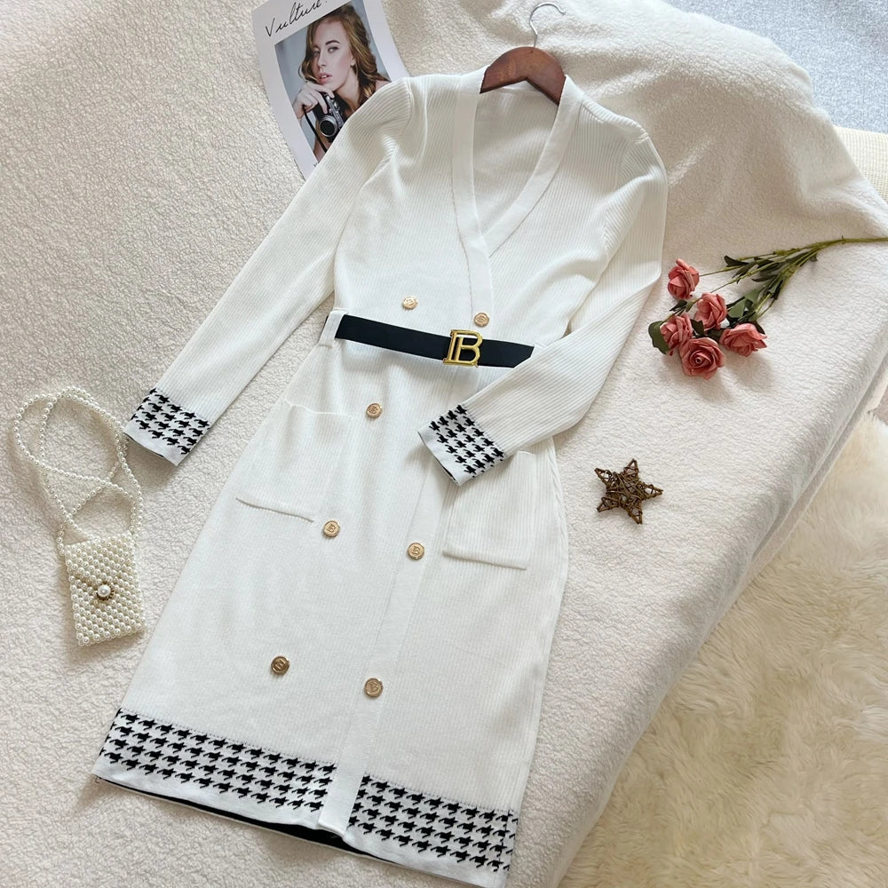 Houndstooth V-Neck Knit Dress