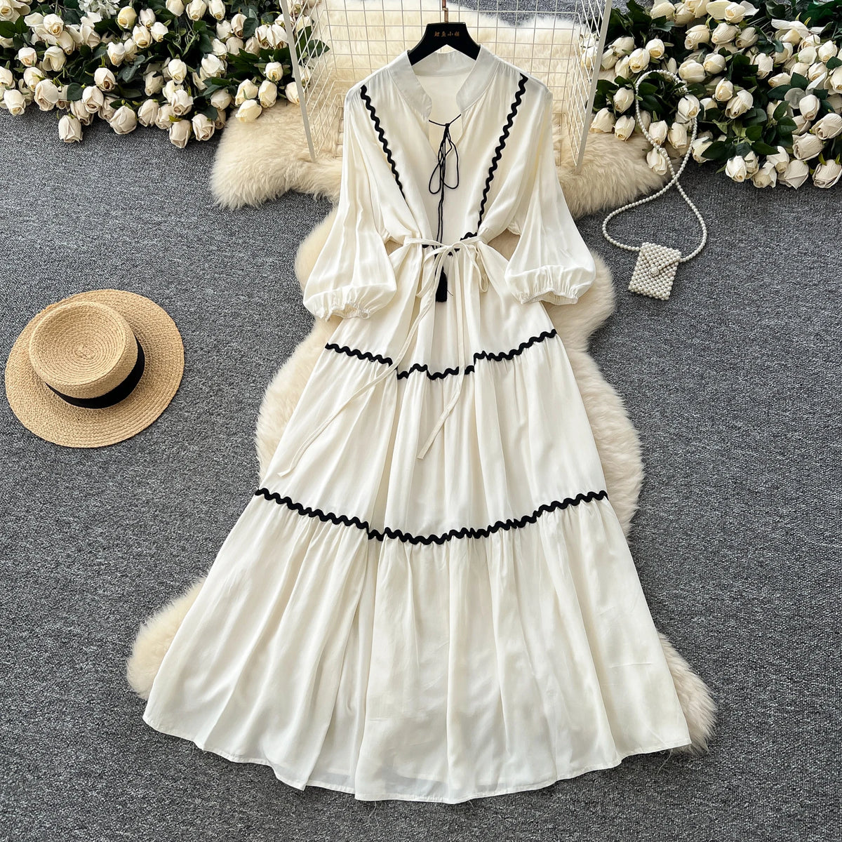 Scalloped Lantern Sleeve A-Line Dress