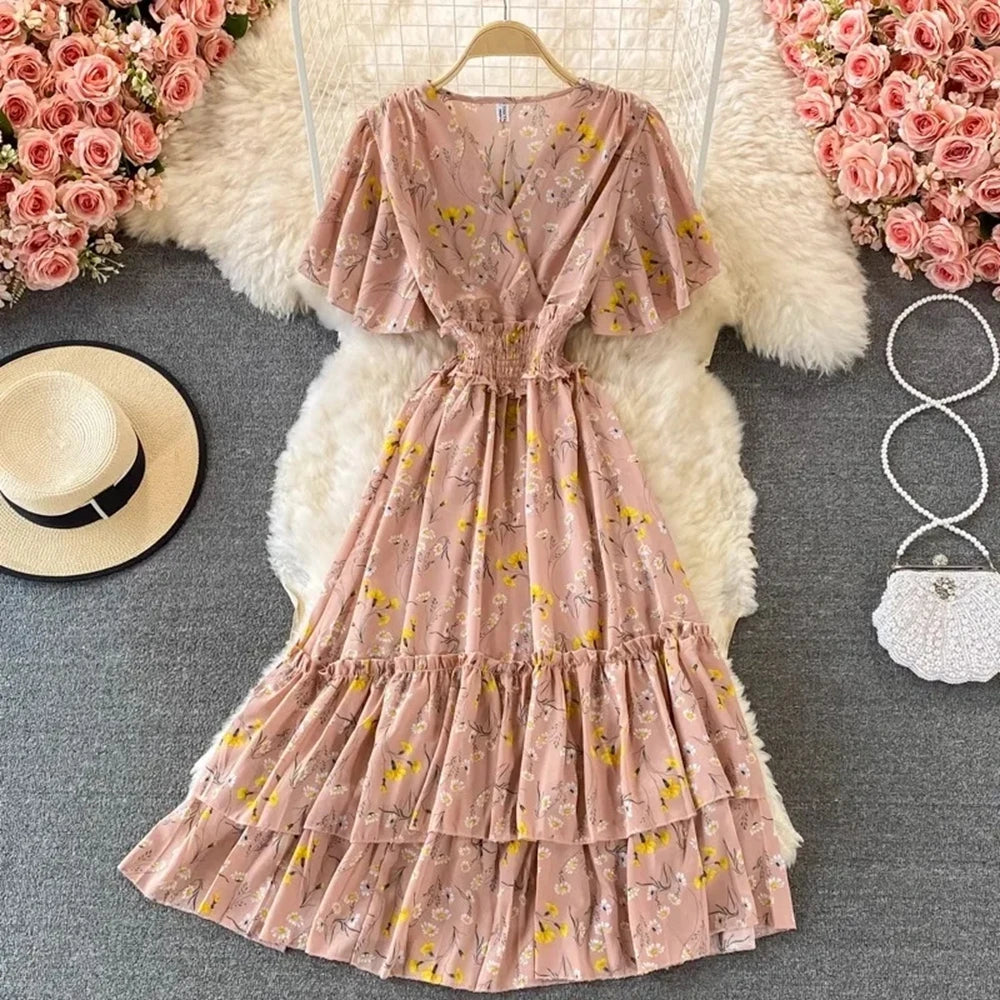 Floral Chiffon Short Sleeve Maxi Dress