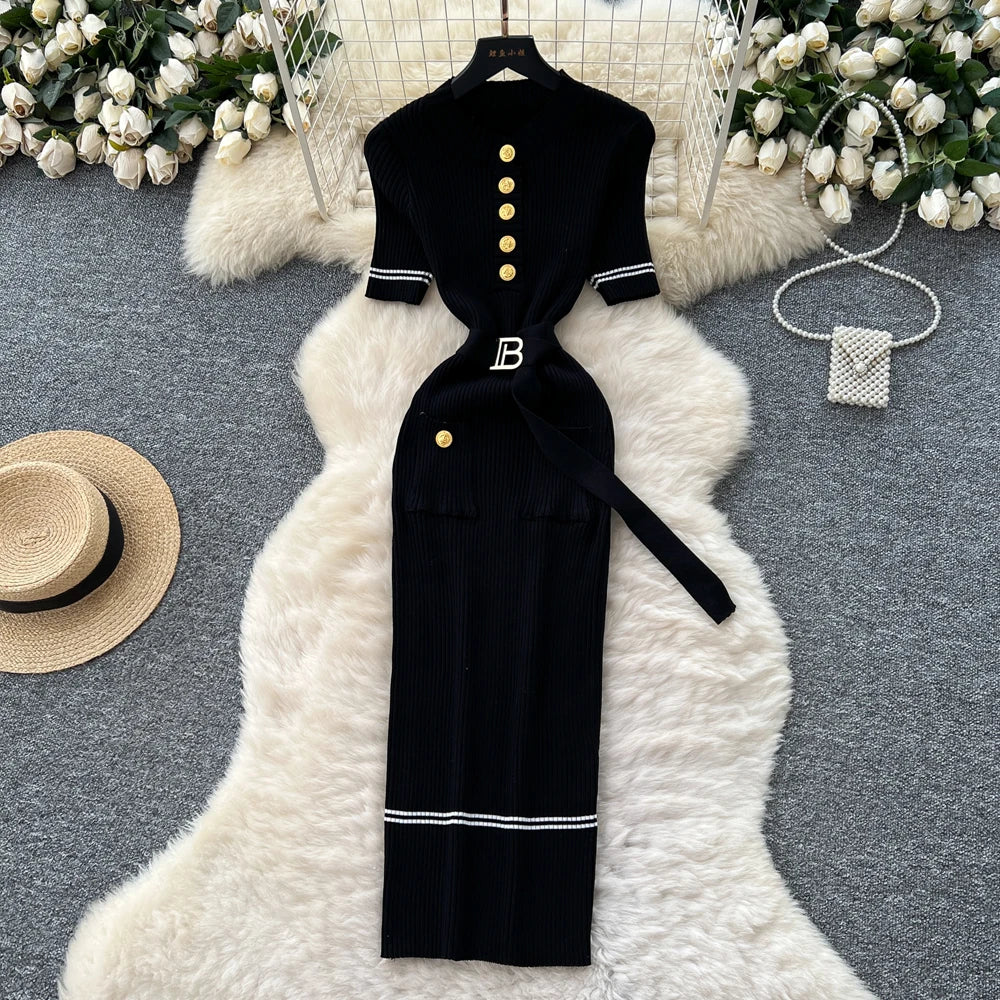Belted Button Front Knit Maxi Dress