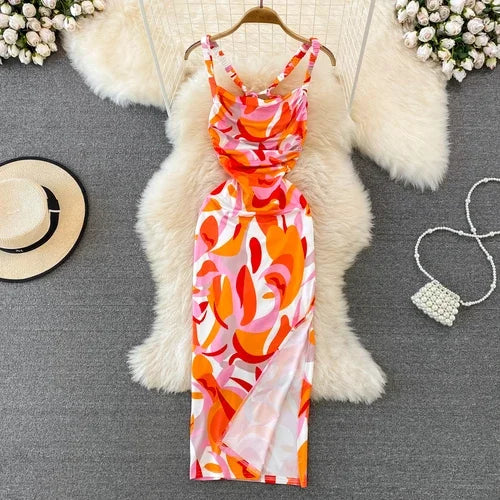 Print Lace Split Slip Dress