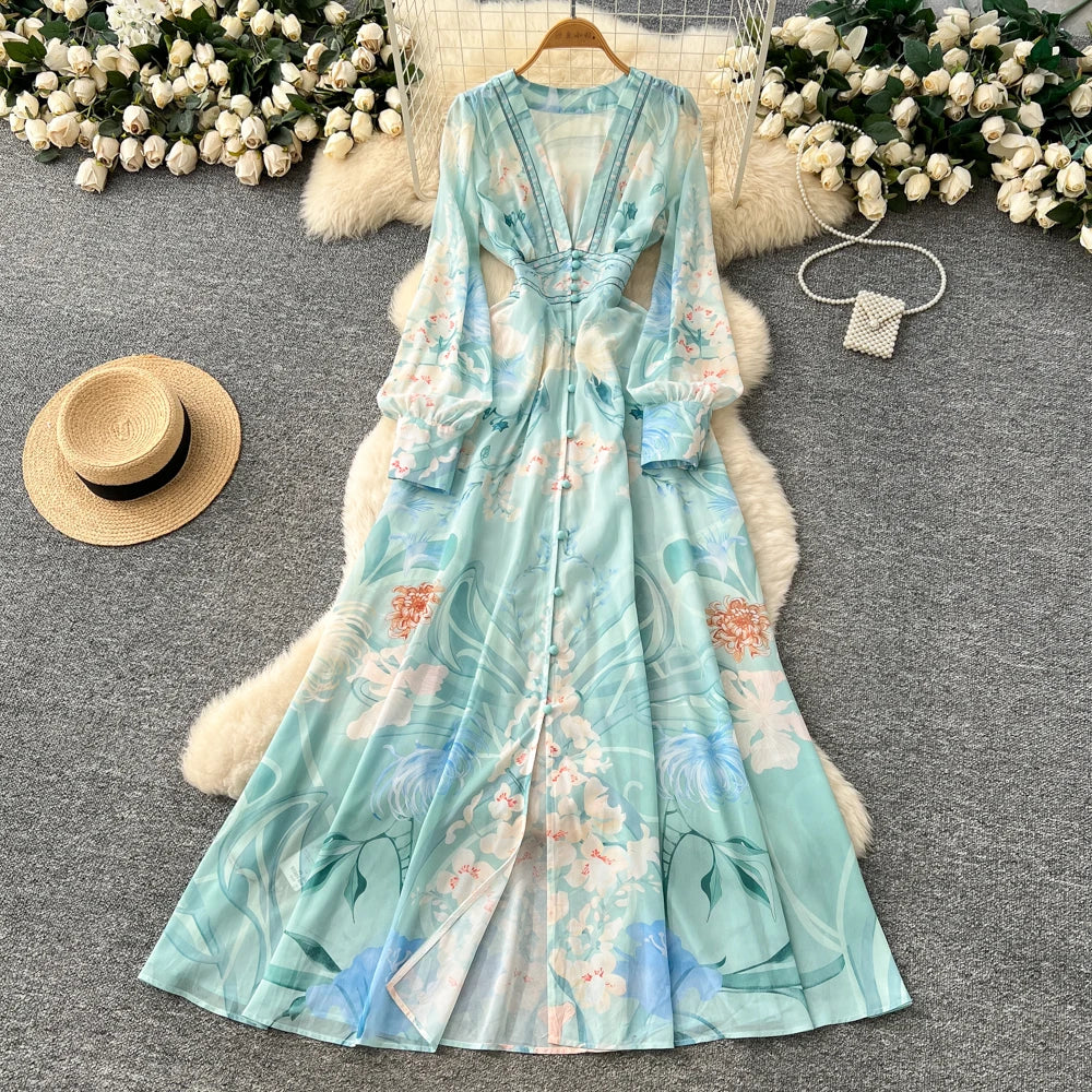 Split V-Neck Print Party Dress