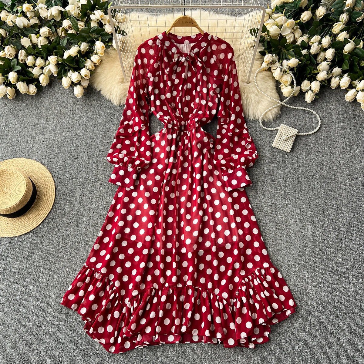 Polka Dot Chiffon Puff Sleeve A-Line Dress