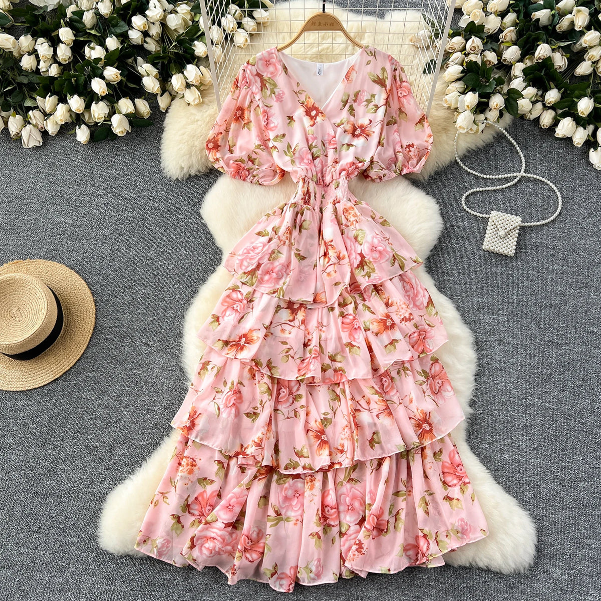 Floral V-Neck Chiffon Resort Dress