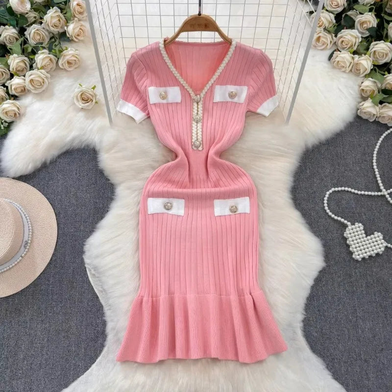 Buckle V-Neck Knit Mermaid Dress