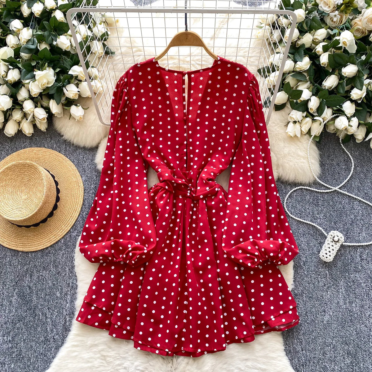 Polka Dot Lantern Sleeve Slim Dress