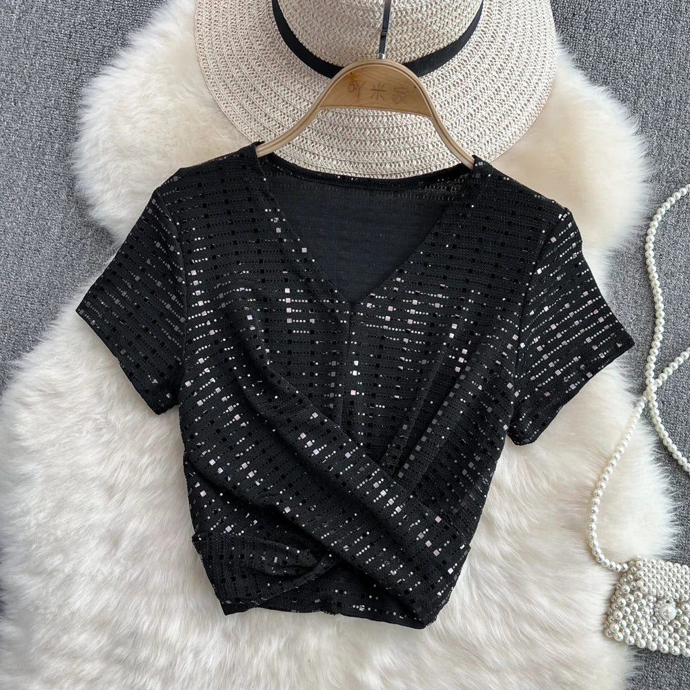 Glitter Sequin Pleated V-Neck Crop Top