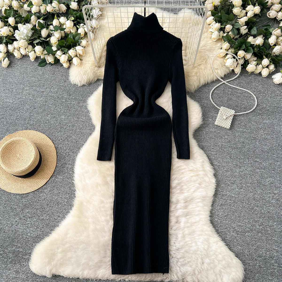 Turtleneck Knit Long Sleeve Maxi Dress