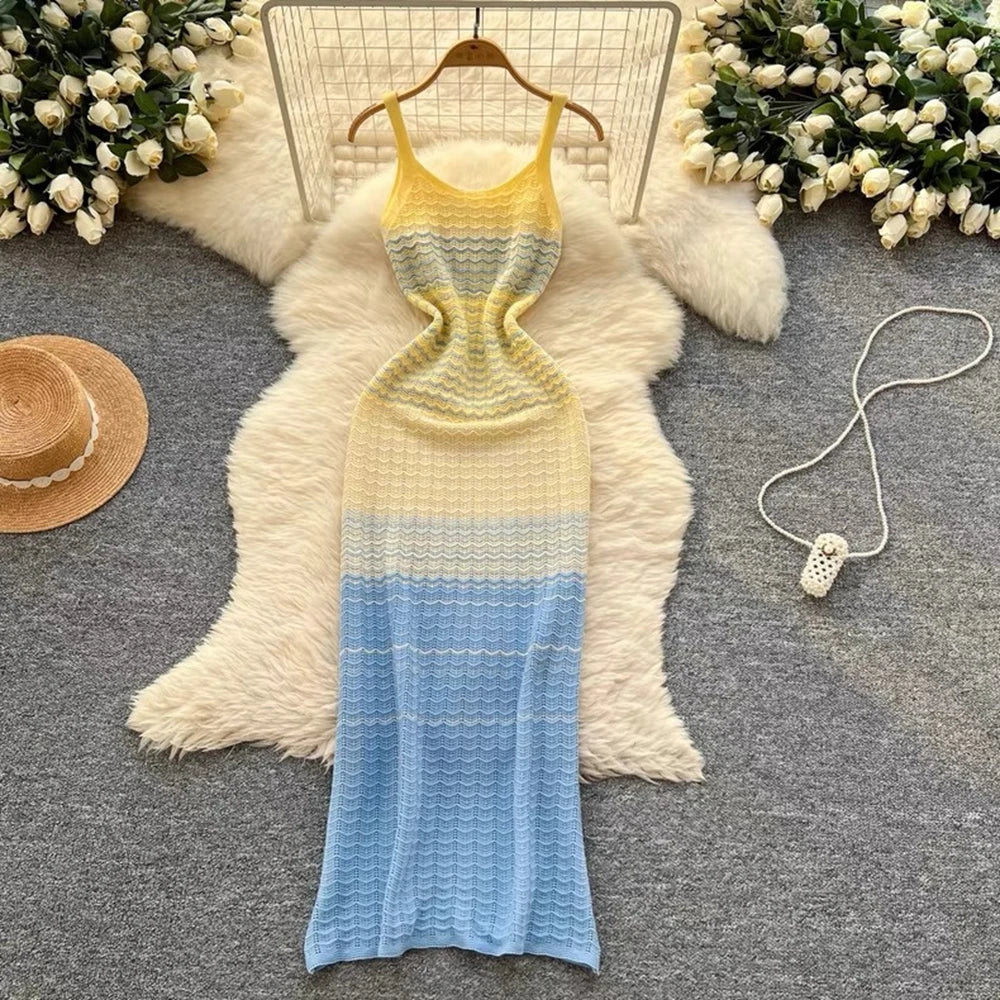 Gradient Ripple Knit Spaghetti Strap Maxi Dress