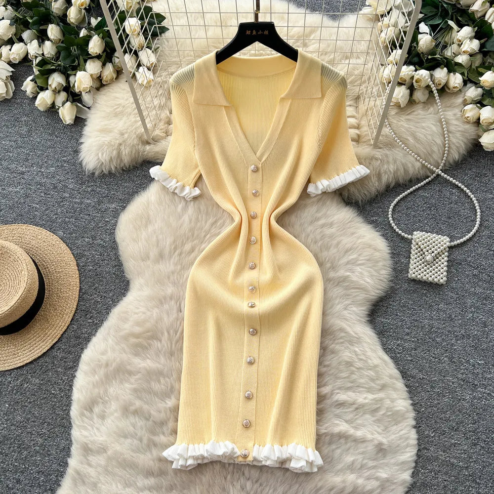 Ruffle Knit Button V-Neck Pencil Dress