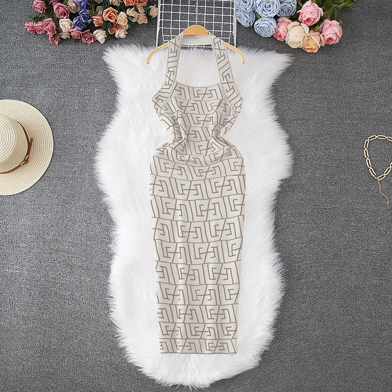 Geometric Knit Halter Bodycon Mini Dress