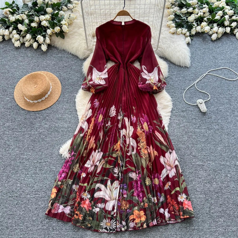 Ruched Print Long Sleeve Vintage Dress
